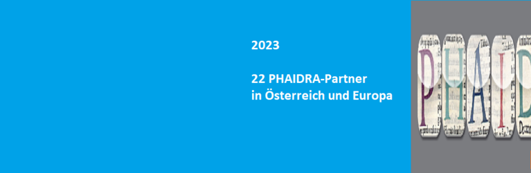 Bild mit altem Phaidra Logo aus collagierten Buchstaben zu 15 Jahre Phaidra online