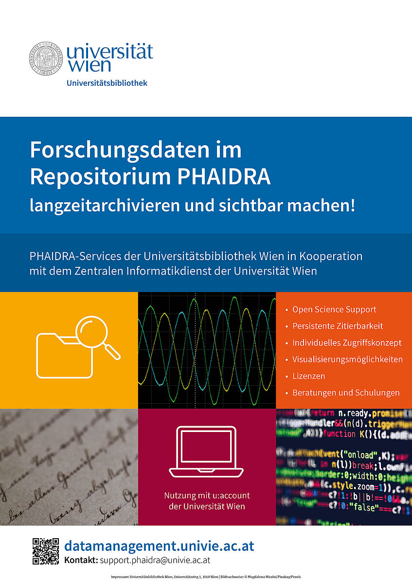 Plakat mit dem Titel: Forschungsdaten im Repositorium PHAIDRA langzeitarchivieren und sichtbar machen! aus dem Jahr 2022